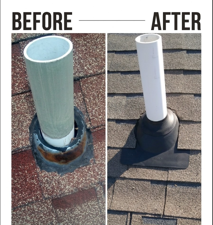 Roof pipe boot before and after